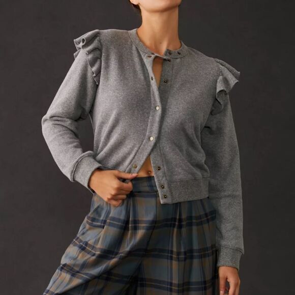 Clare V. Le Snap Ruffle Sweatshirt Cardigan-FF11 - Picture 1 of 9